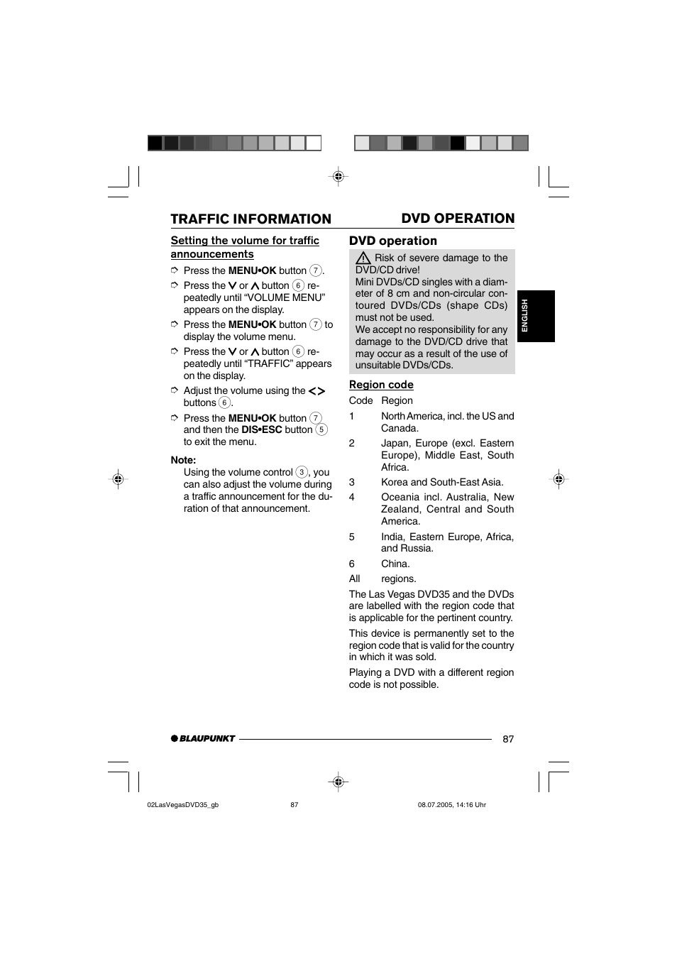 Traffic information dvd operation, Dvd operation | Blaupunkt LAS VEGAS 7 645 650 310 User Manual | Page 22 / 72