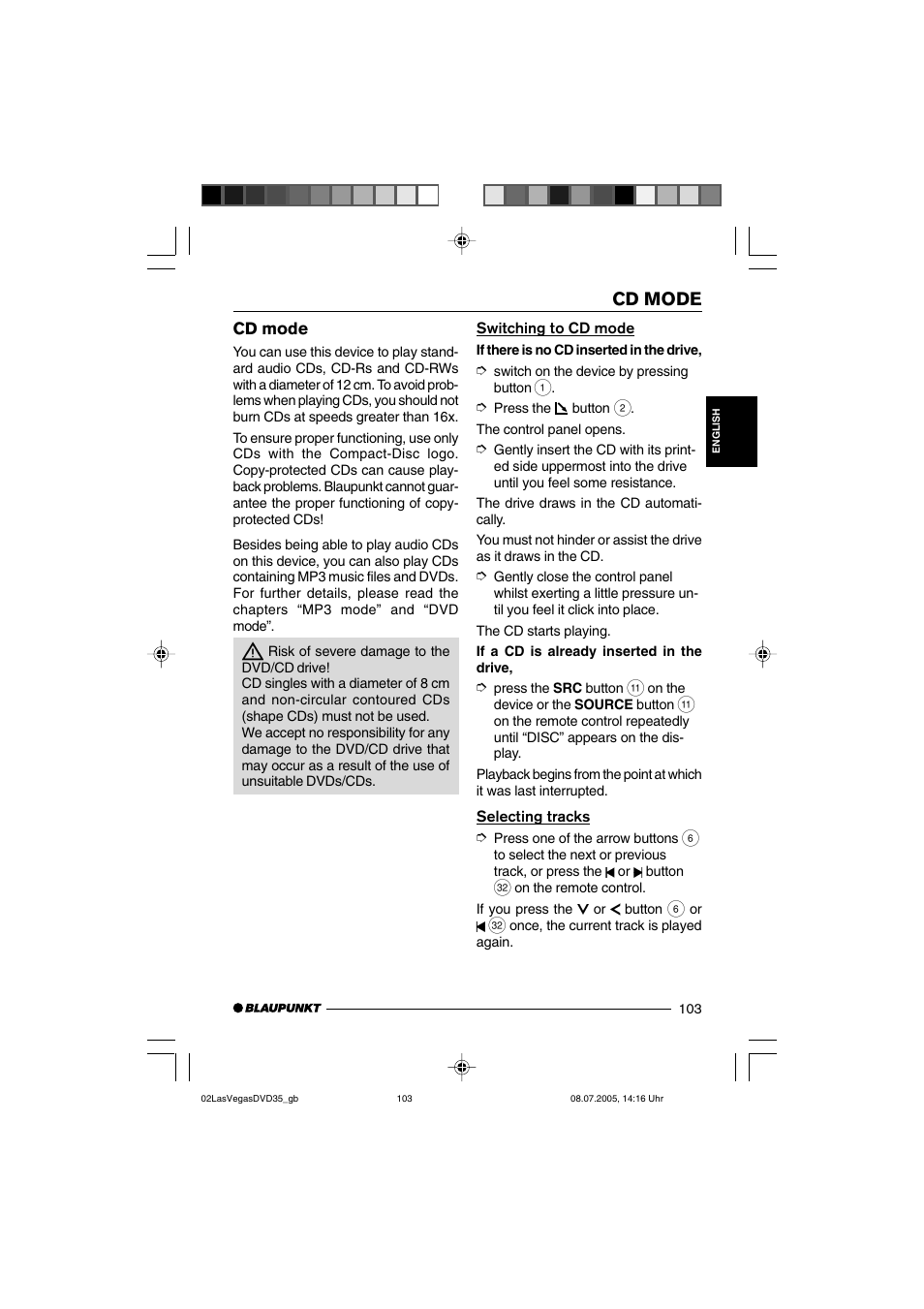 Cd mode | Blaupunkt LAS VEGAS 7 645 650 310 User Manual | Page 38 / 72