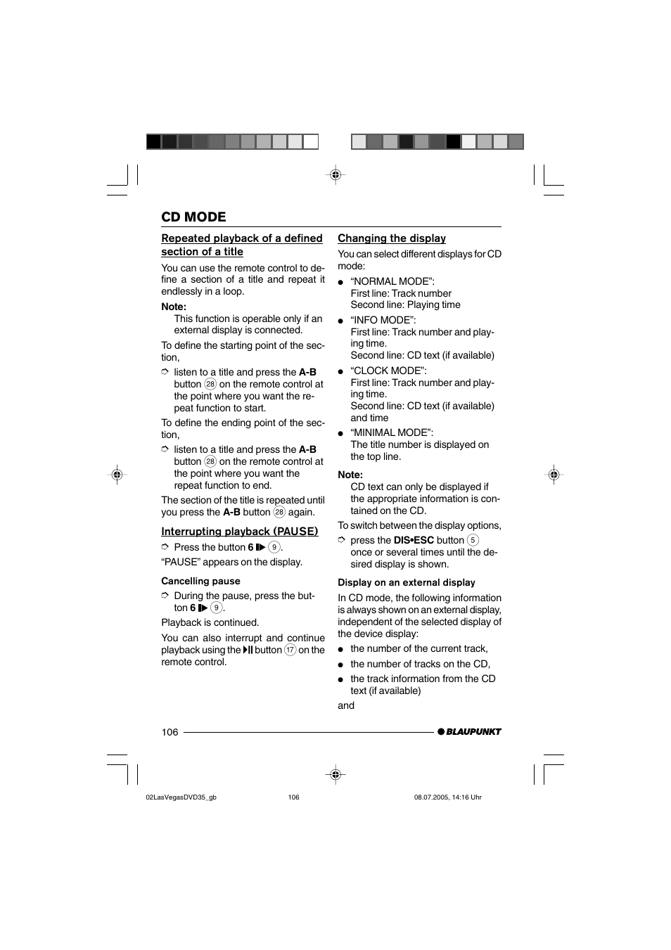 Cd mode | Blaupunkt LAS VEGAS 7 645 650 310 User Manual | Page 41 / 72
