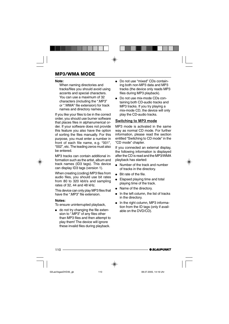 Mp3/wma mode, Switching to mp3 mode | Blaupunkt LAS VEGAS 7 645 650 310 User Manual | Page 45 / 72