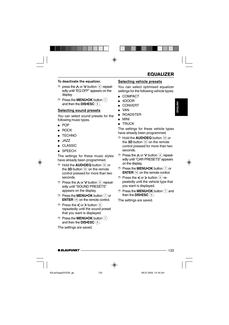 Equalizer | Blaupunkt LAS VEGAS 7 645 650 310 User Manual | Page 58 / 72