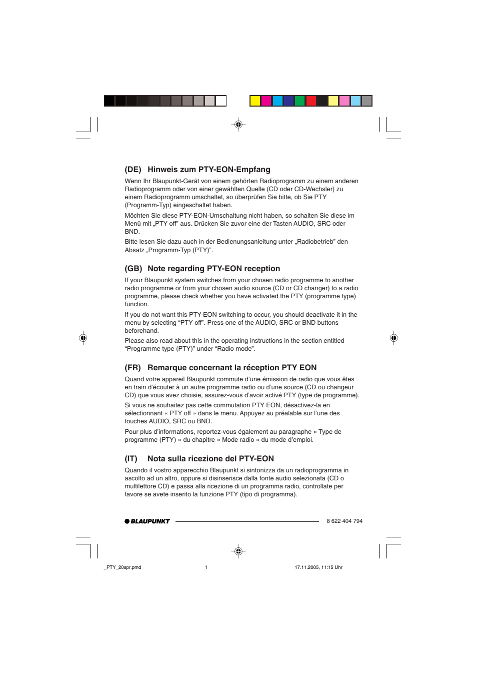 De) hinweis zum pty-eon-empfang, Fr) remarque concernant la réception pty eon, It) nota sulla ricezione del pty-eon | Blaupunkt LAS VEGAS 7 645 650 310 User Manual | Page 67 / 72