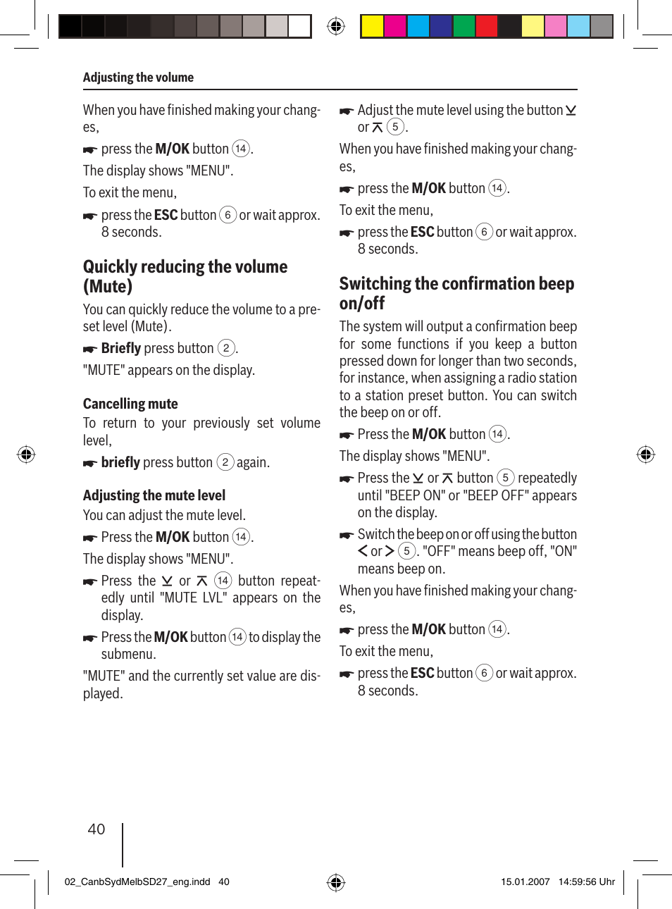 Quickly reducing the volume (mute), Switching the conﬁ rmation beep on/off | Blaupunkt CANBERRA 7 647 523 310 User Manual | Page 11 / 45