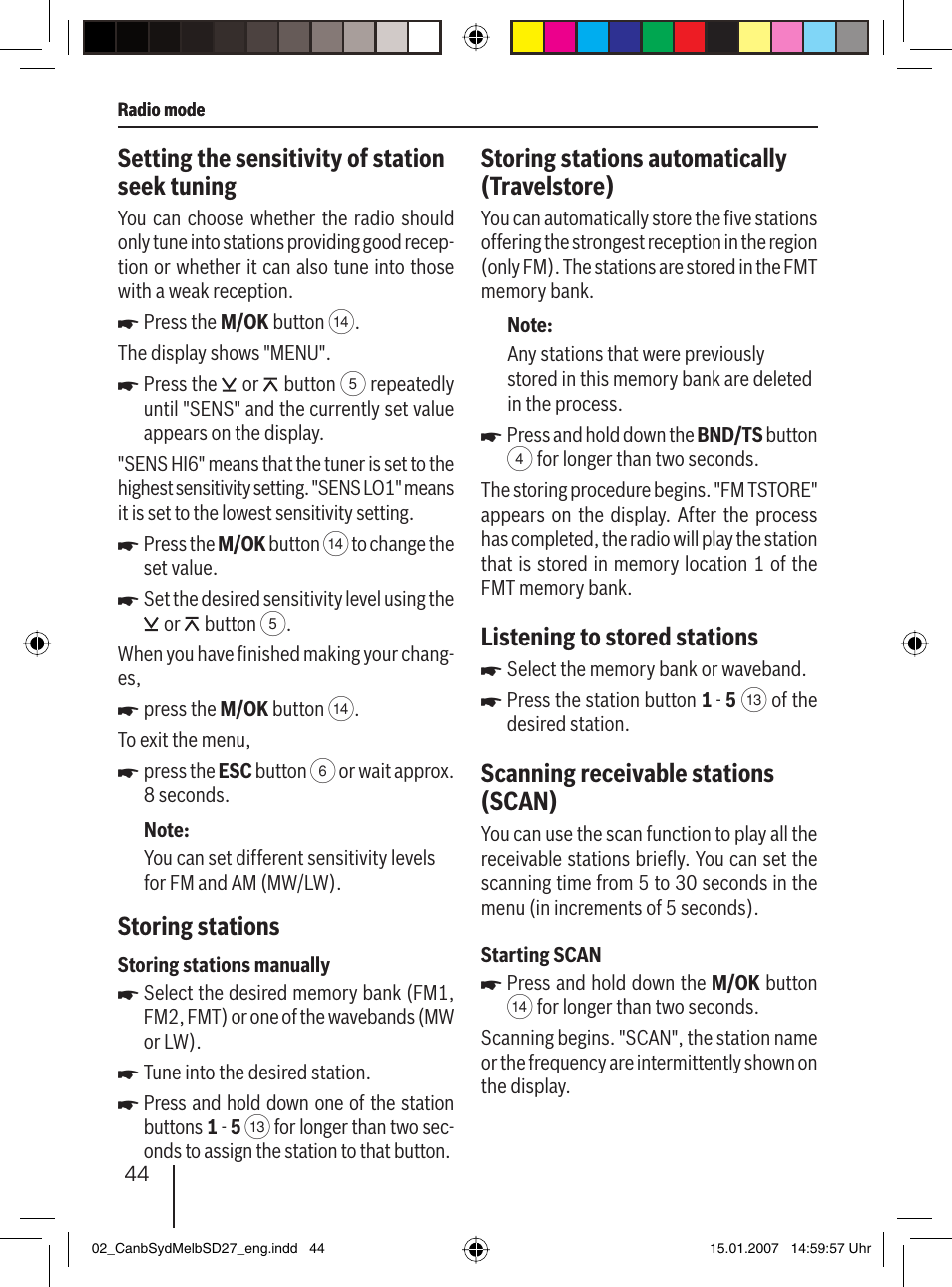 Setting the sensitivity of station seek tuning, Storing stations, Storing stations automatically (travelstore) | Listening to stored stations, Scanning receivable stations (scan) | Blaupunkt CANBERRA 7 647 523 310 User Manual | Page 15 / 45