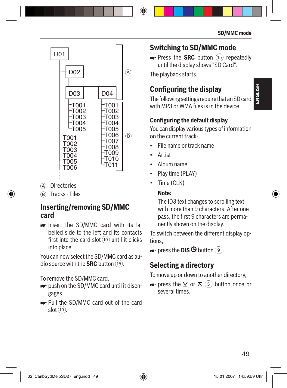Inserting/removing sd/mmc card, Switching to sd/mmc mode, Conﬁ guring the display | Selecting a directory | Blaupunkt CANBERRA 7 647 523 310 User Manual | Page 20 / 45
