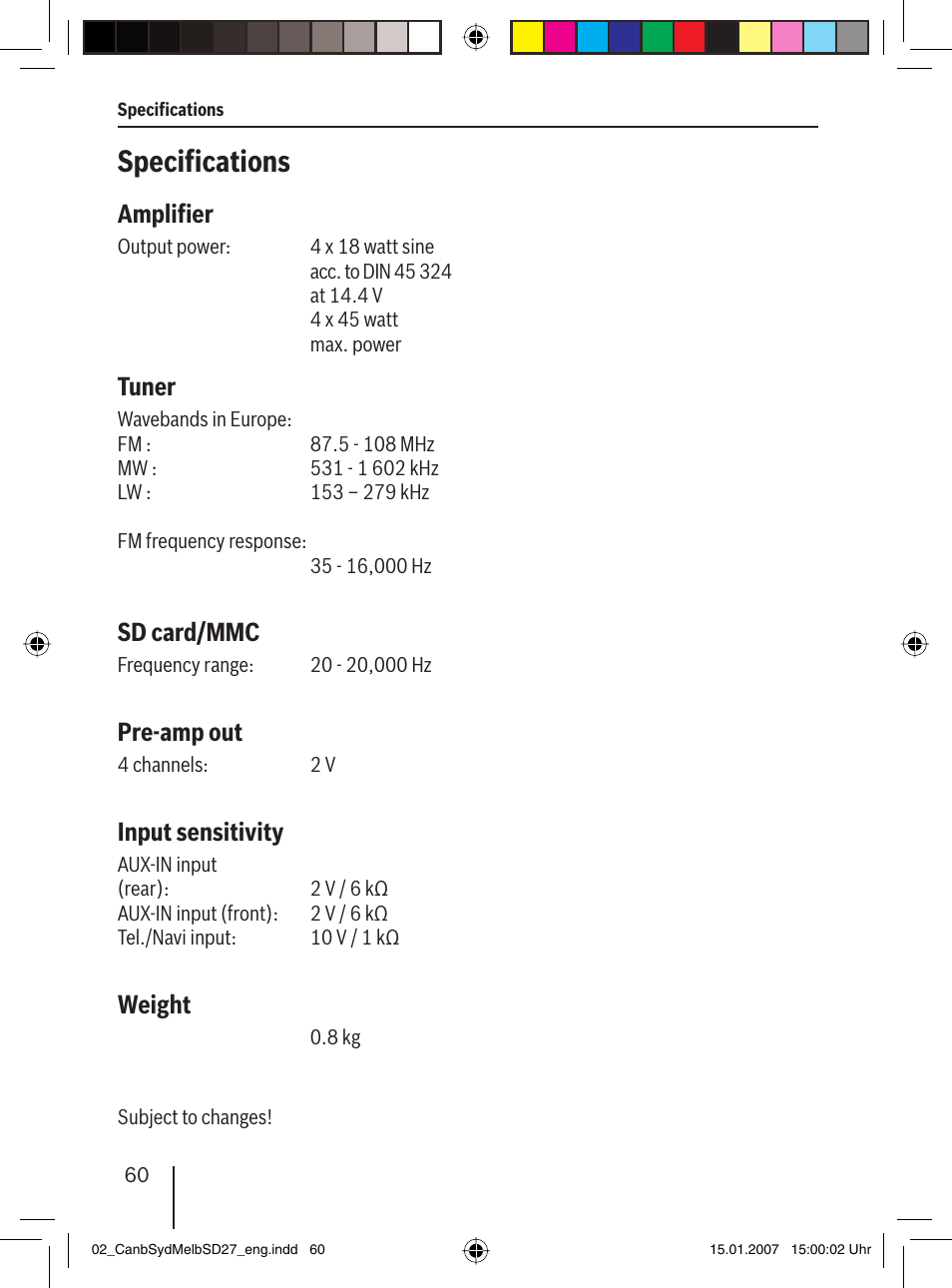 Speciﬁ cations, Ampliﬁ er, Tuner | Sd card/mmc, Pre-amp out, Input sensitivity, Weight | Blaupunkt CANBERRA 7 647 523 310 User Manual | Page 31 / 45