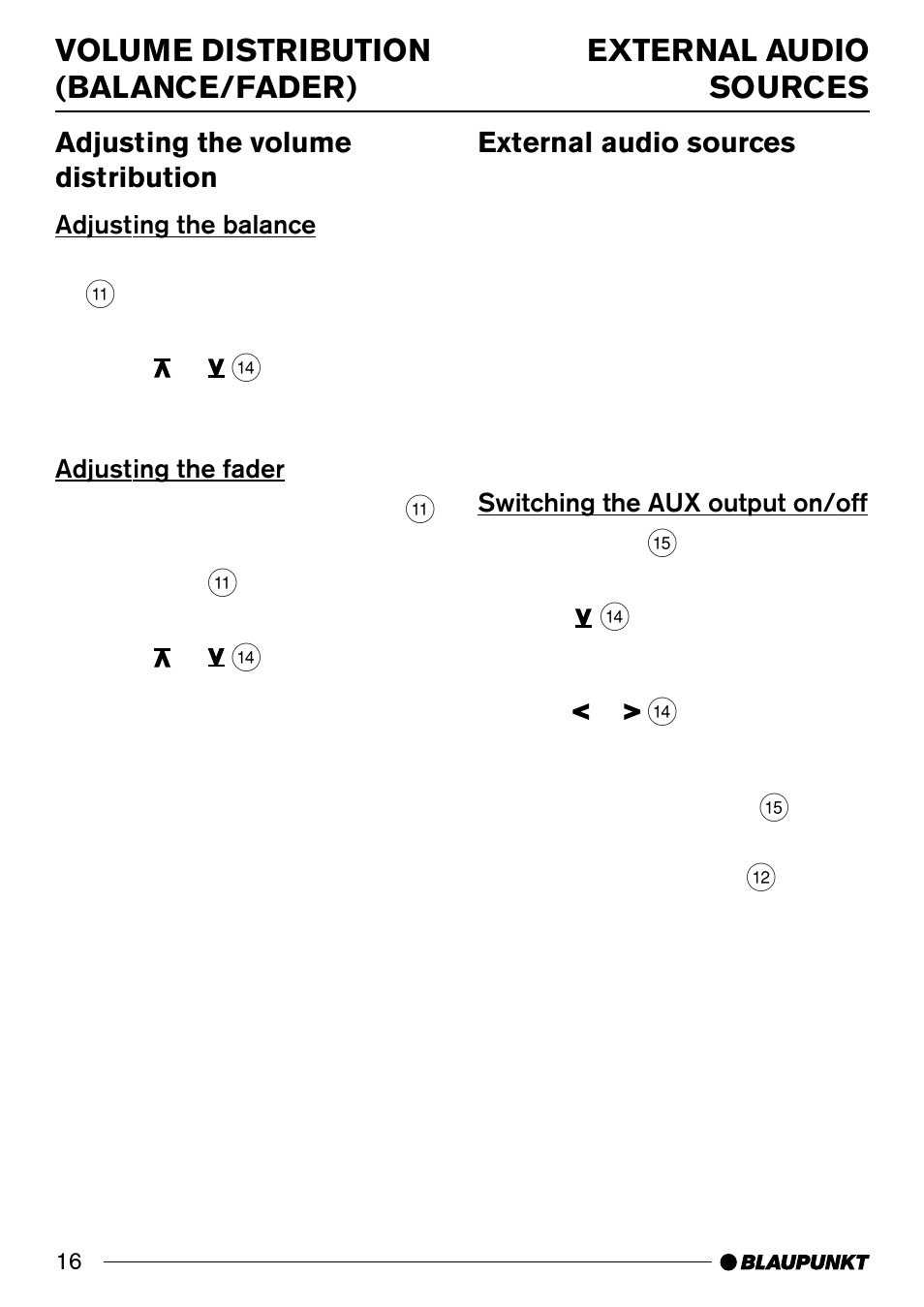 External audio sources, Adjusting the volume distribution | Blaupunkt Melbourne C30 User Manual | Page 16 / 24