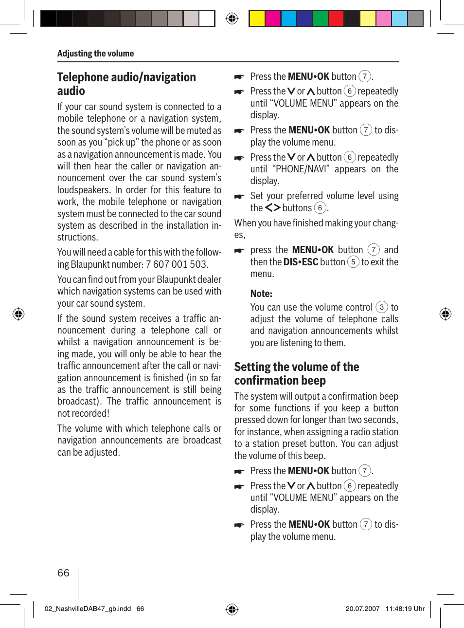 Telephone audio/navigation audio, Setting the volume of the conﬁ rmation beep | Blaupunkt NASHVILLE DAB47 User Manual | Page 10 / 59