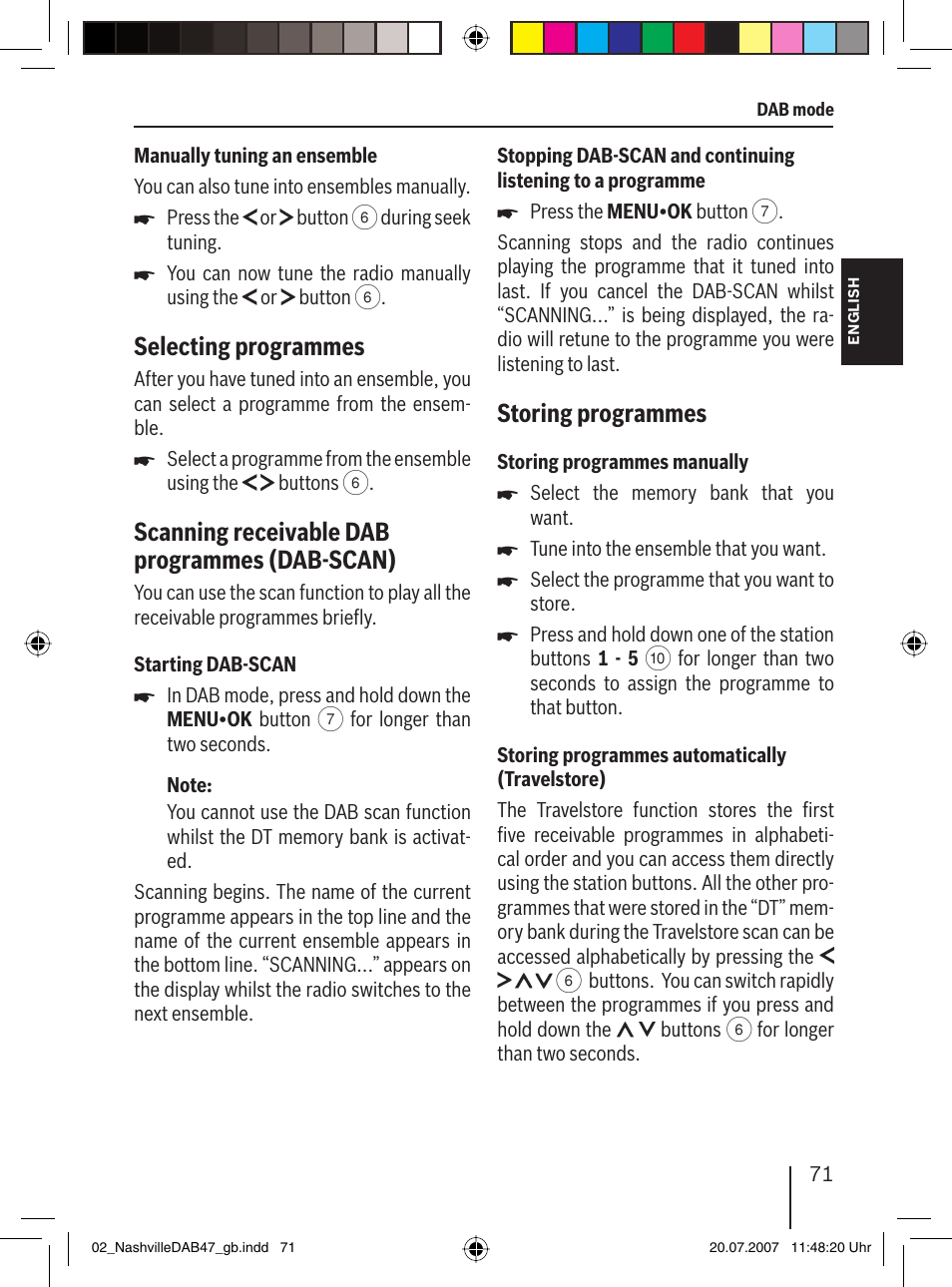 Selecting programmes, Scanning receivable dab programmes (dab-scan), Storing programmes | Blaupunkt NASHVILLE DAB47 User Manual | Page 15 / 59