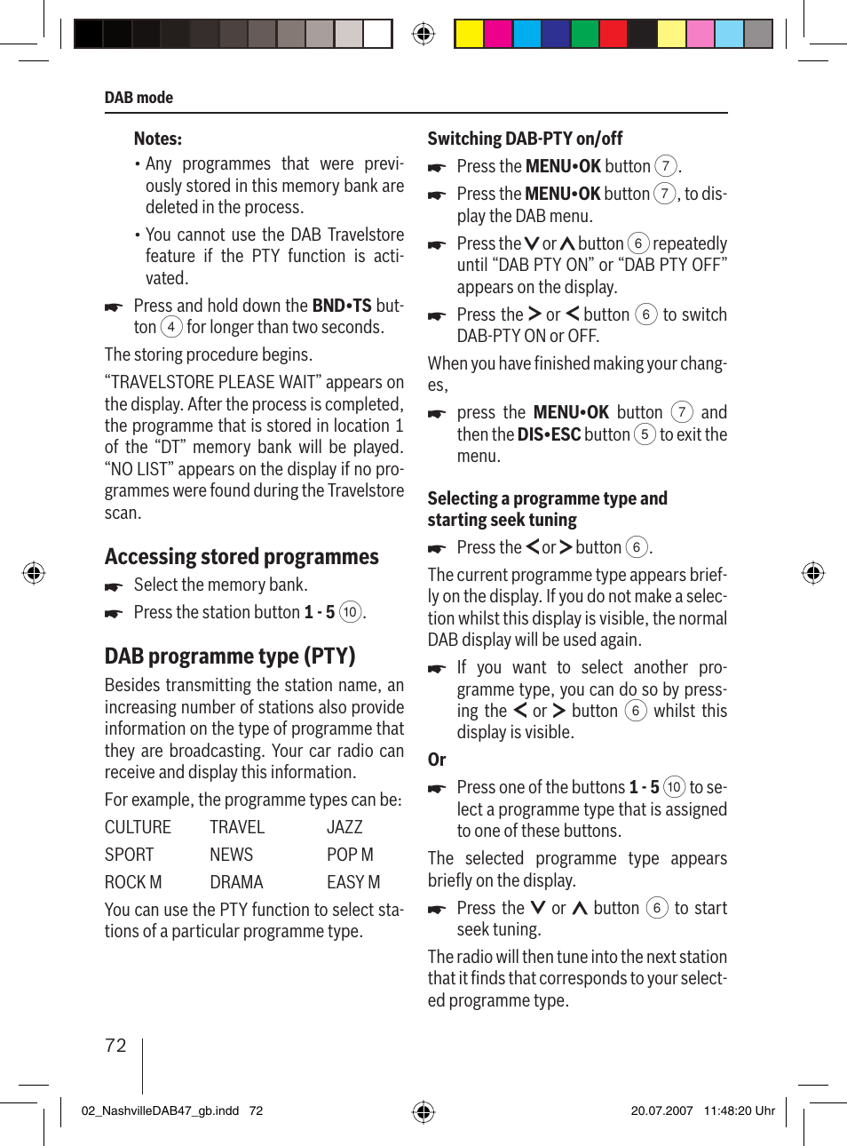 Accessing stored programmes, Dab programme type (pty) | Blaupunkt NASHVILLE DAB47 User Manual | Page 16 / 59