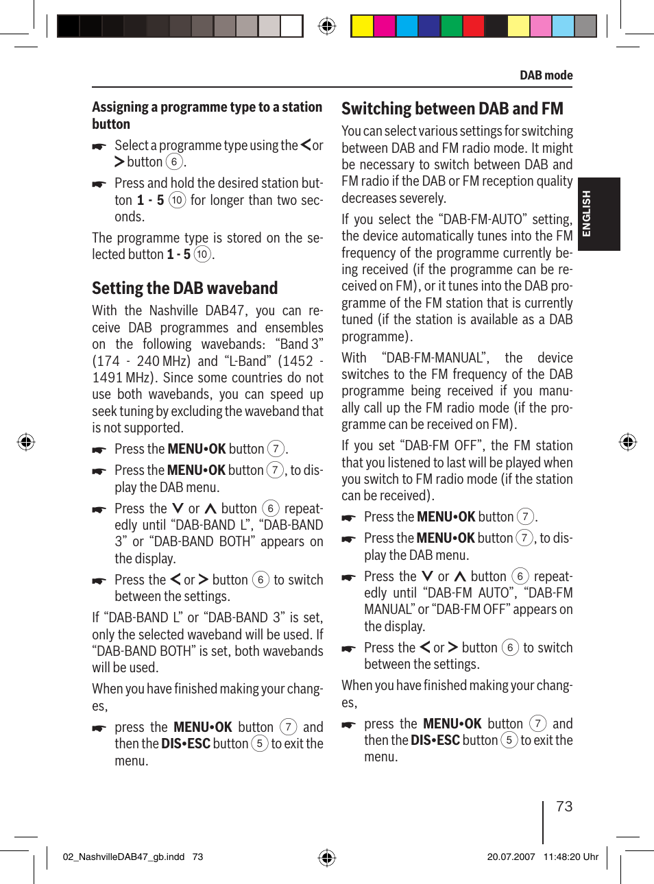 Setting the dab waveband, Switching between dab and fm | Blaupunkt NASHVILLE DAB47 User Manual | Page 17 / 59