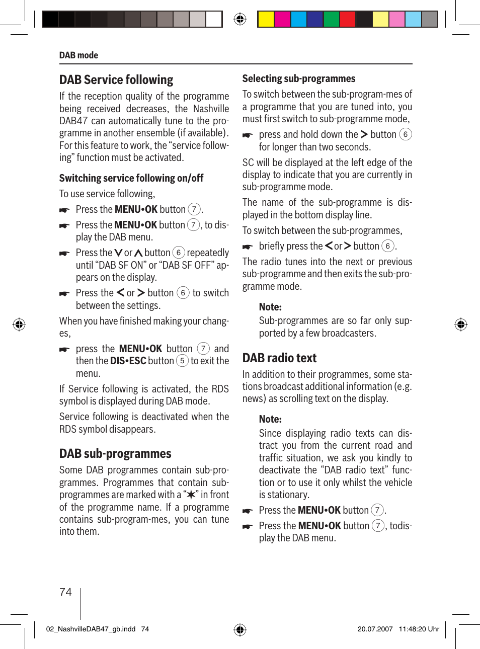 Dab service following, Dab sub-programmes, Dab radio text | Blaupunkt NASHVILLE DAB47 User Manual | Page 18 / 59