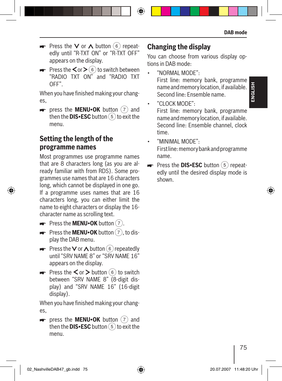 Setting the length of the programme names, Changing the display | Blaupunkt NASHVILLE DAB47 User Manual | Page 19 / 59