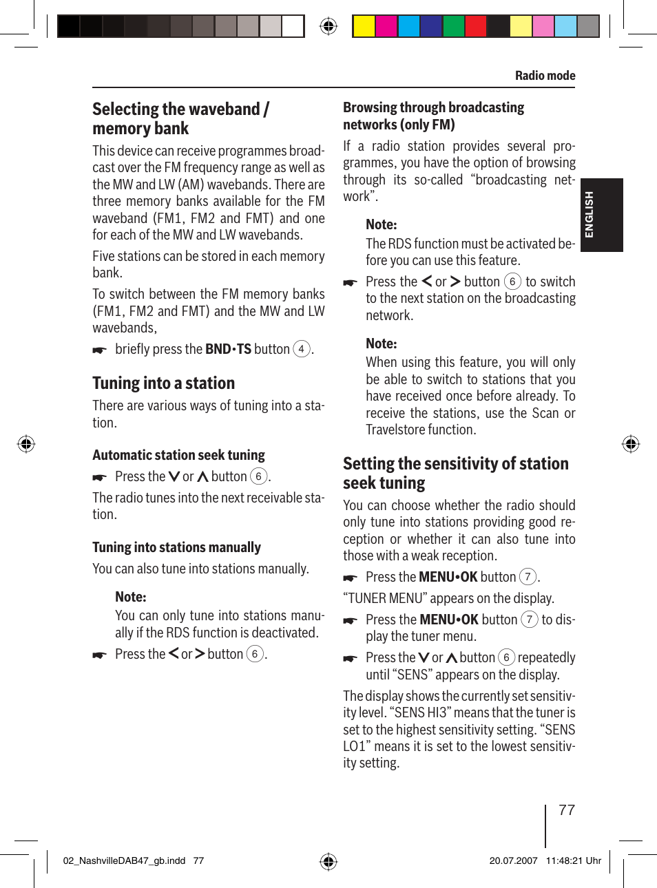 Tuning into a station, Setting the sensitivity of station seek tuning | Blaupunkt NASHVILLE DAB47 User Manual | Page 21 / 59