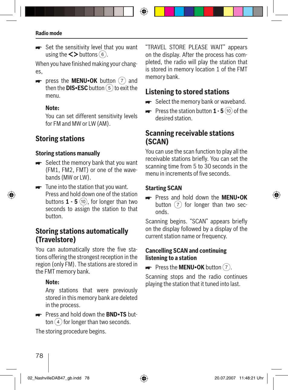 Storing stations, Storing stations automatically (travelstore), Listening to stored stations | Scanning receivable stations (scan) | Blaupunkt NASHVILLE DAB47 User Manual | Page 22 / 59
