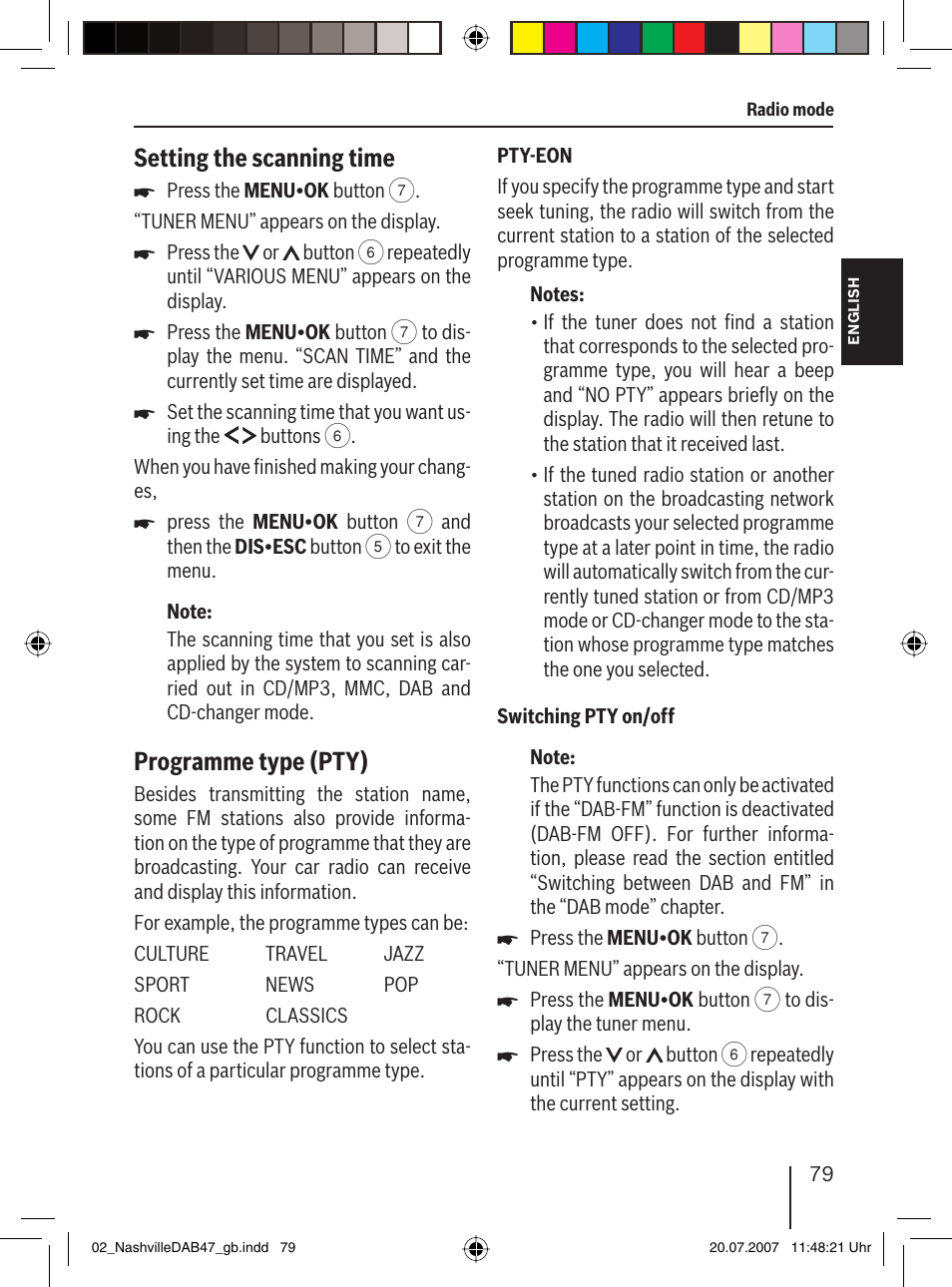Setting the scanning time, Programme type (pty) | Blaupunkt NASHVILLE DAB47 User Manual | Page 23 / 59