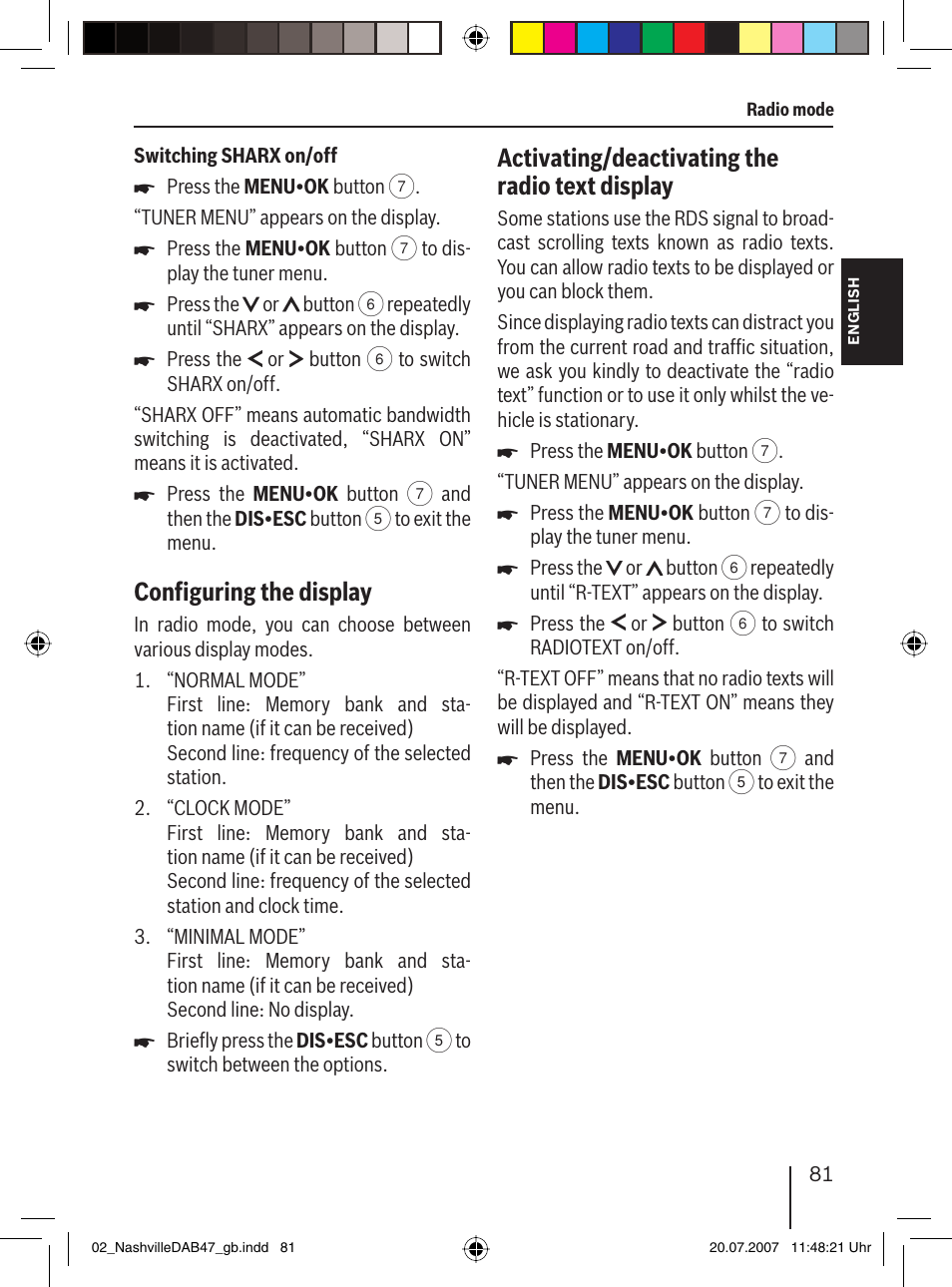 Conﬁ guring the display, Activating/deactivating the radio text display | Blaupunkt NASHVILLE DAB47 User Manual | Page 25 / 59