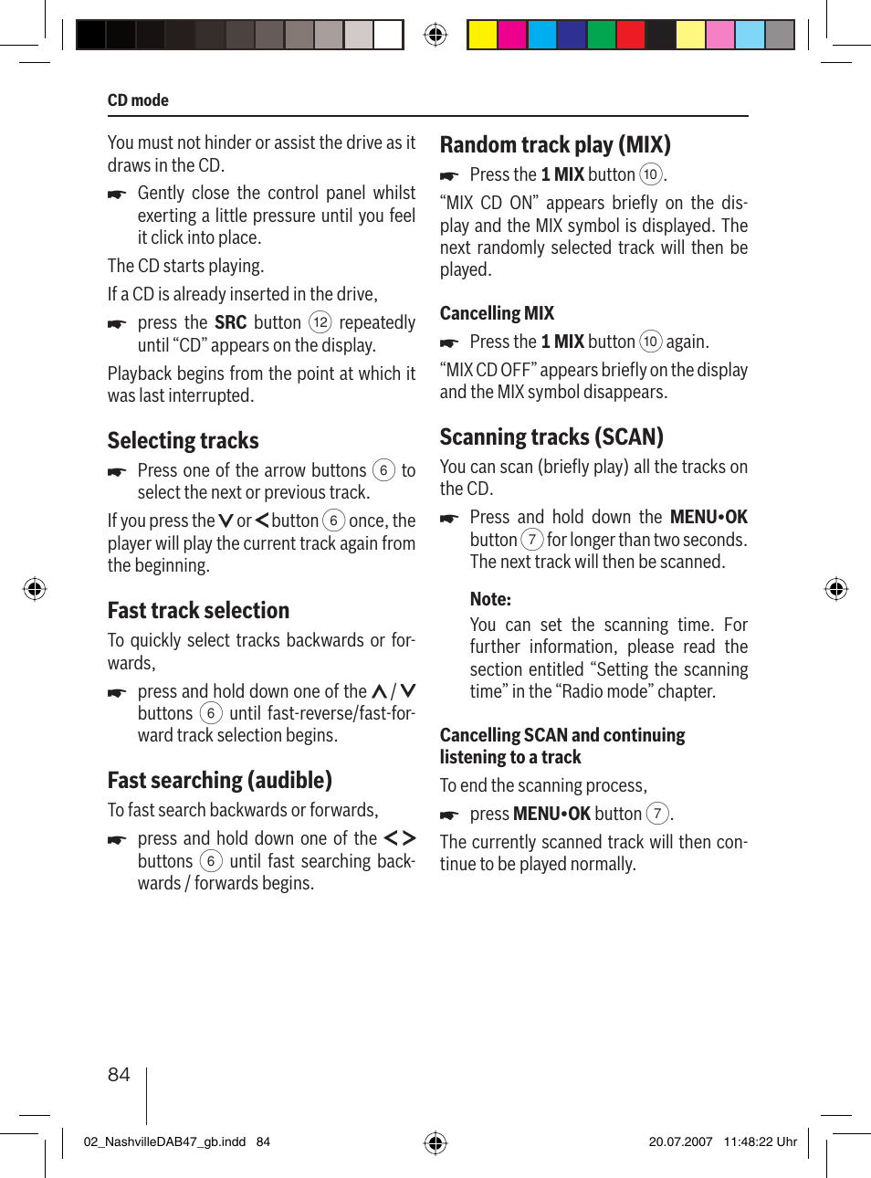 Selecting tracks, Fast track selection, Fast searching (audible) | Random track play (mix), Scanning tracks (scan) | Blaupunkt NASHVILLE DAB47 User Manual | Page 28 / 59