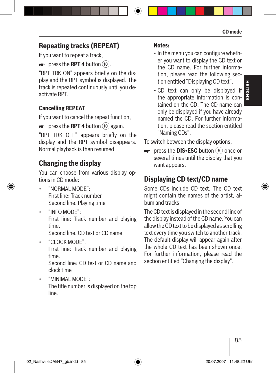 Repeating tracks (repeat), Changing the display, Displaying cd text/cd name | Blaupunkt NASHVILLE DAB47 User Manual | Page 29 / 59