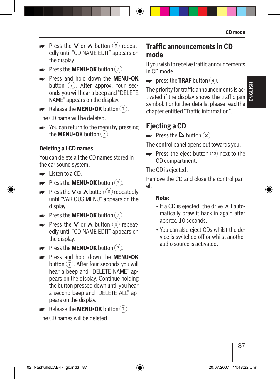 Trafﬁ c announcements in cd mode, Ejecting a cd | Blaupunkt NASHVILLE DAB47 User Manual | Page 31 / 59