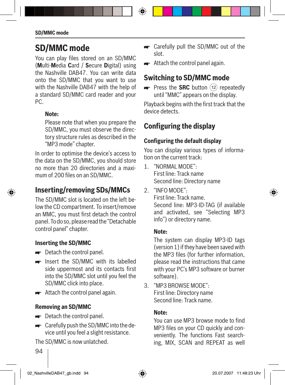 Sd/mmc mode, Inserting/removing sds/mmcs, Switching to sd/mmc mode | Conﬁ guring the display | Blaupunkt NASHVILLE DAB47 User Manual | Page 38 / 59