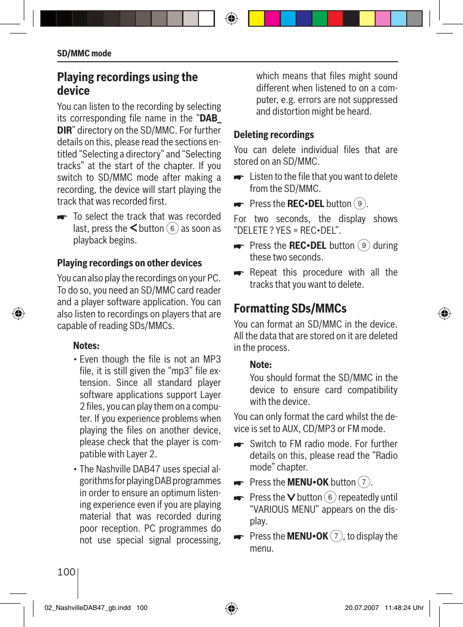 Playing recordings using the device, Formatting sds/mmcs | Blaupunkt NASHVILLE DAB47 User Manual | Page 44 / 59