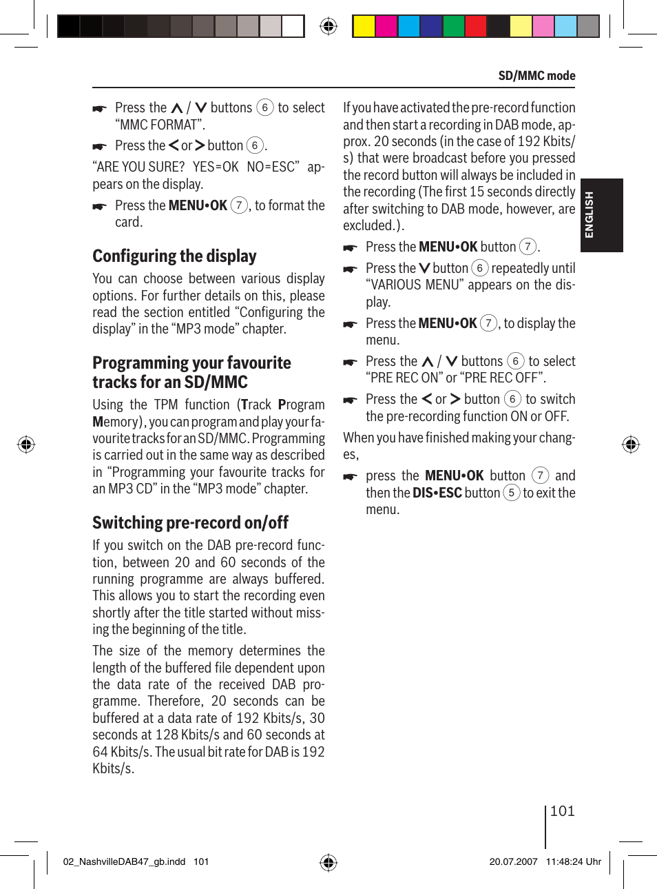 Conﬁ guring the display, Programming your favourite tracks for an sd/mmc, Switching pre-record on/off | Blaupunkt NASHVILLE DAB47 User Manual | Page 45 / 59