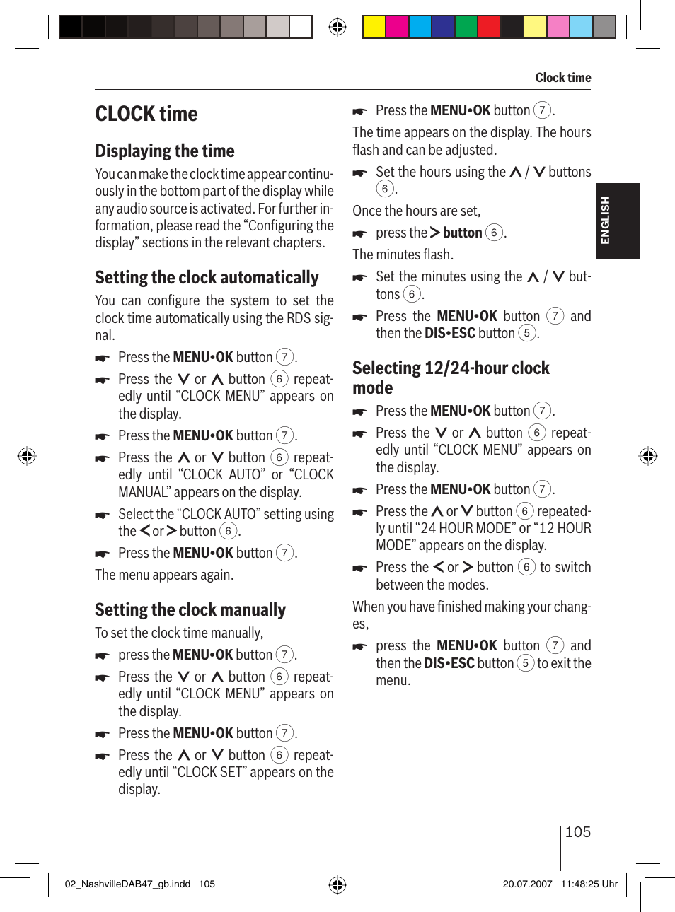 Clock time, Displaying the time, Setting the clock automatically | Setting the clock manually, Selecting 12/24-hour clock mode | Blaupunkt NASHVILLE DAB47 User Manual | Page 49 / 59