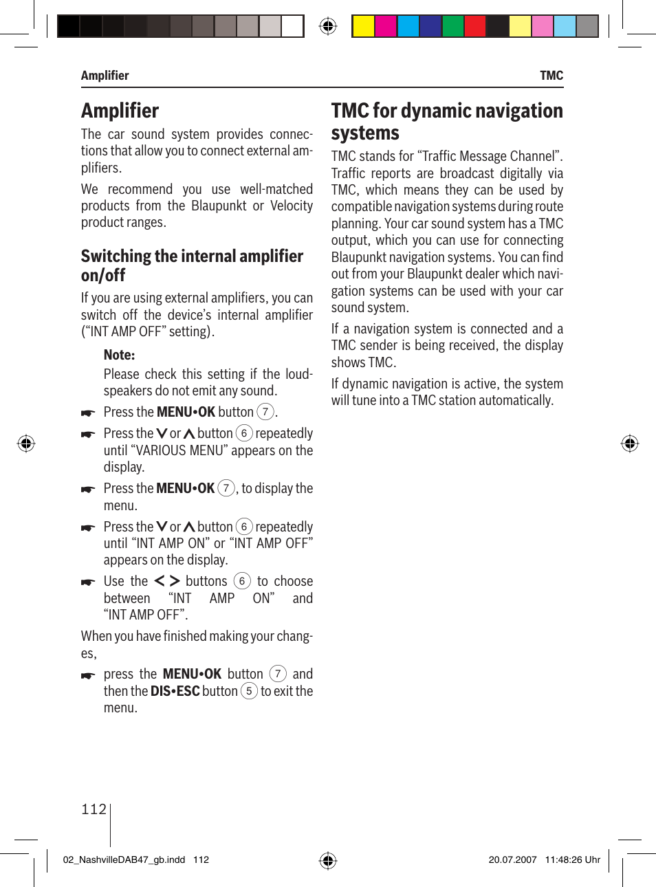 Ampliﬁ er, Tmc for dynamic navigation systems, Switching the internal ampliﬁ er on/off | Blaupunkt NASHVILLE DAB47 User Manual | Page 56 / 59
