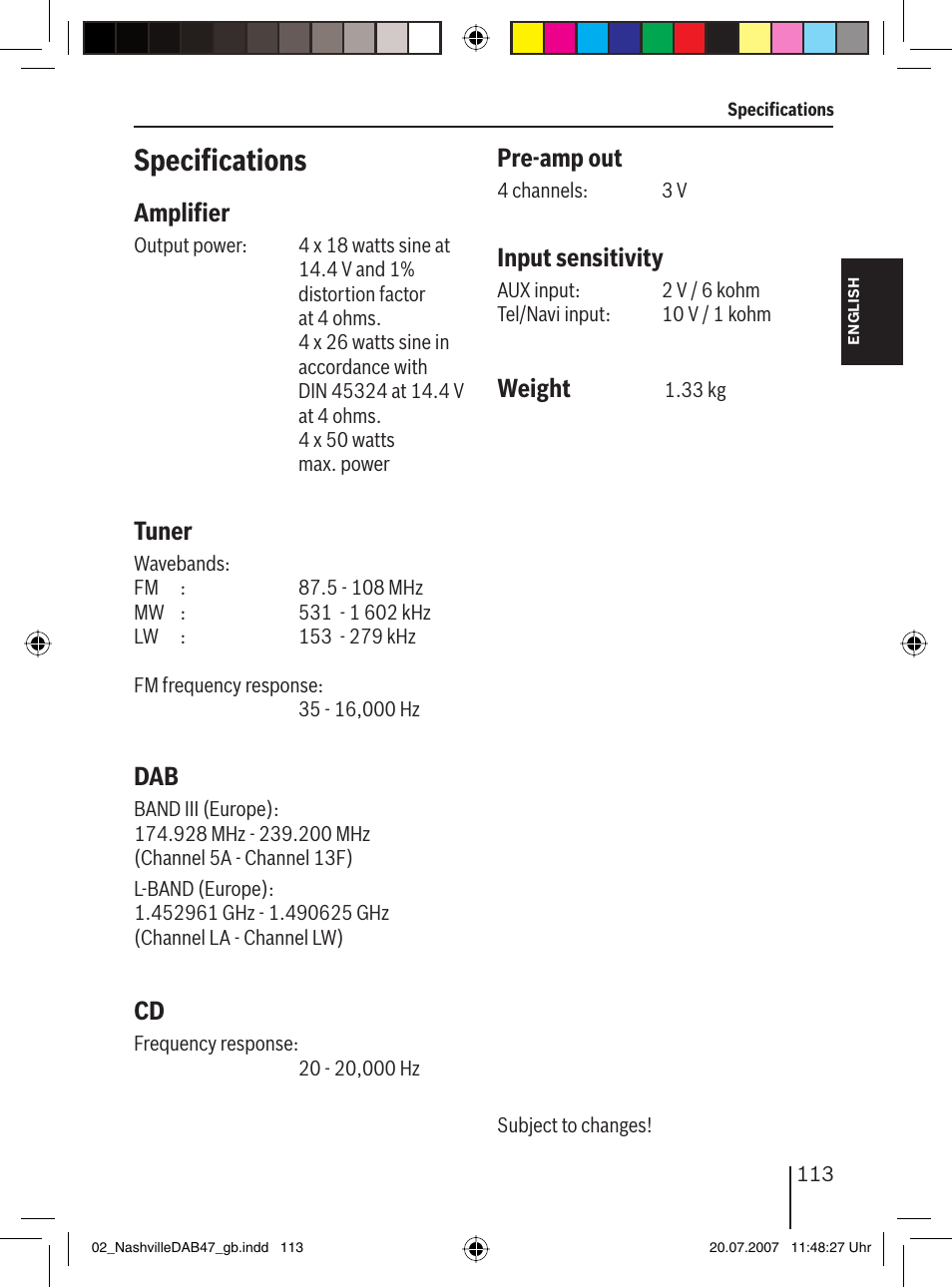 Speciﬁ cations, Ampliﬁ er, Tuner | Pre-amp out, Input sensitivity, Weight | Blaupunkt NASHVILLE DAB47 User Manual | Page 57 / 59