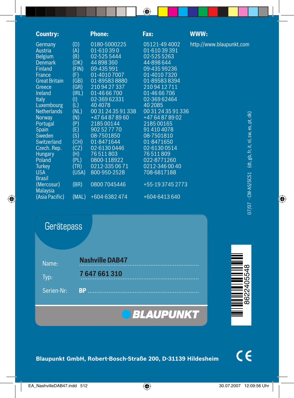 Gerätepass | Blaupunkt NASHVILLE DAB47 User Manual | Page 59 / 59