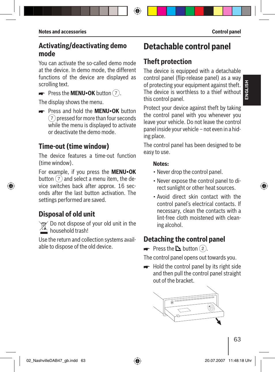 Detachable control panel, Activating/deactivating demo mode, Time-out (time window) | Disposal of old unit, Theft protection, Detaching the control panel | Blaupunkt NASHVILLE DAB47 User Manual | Page 7 / 59