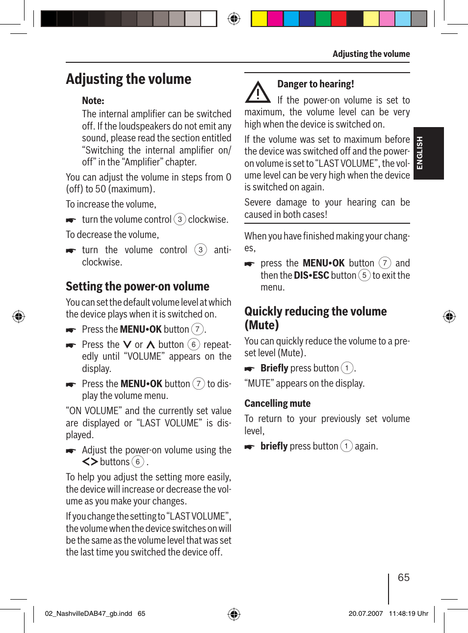 Adjusting the volume, Setting the power-on volume, Quickly reducing the volume (mute) | Blaupunkt NASHVILLE DAB47 User Manual | Page 9 / 59