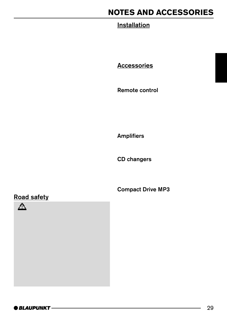 Road safety, Installation, Accessories | Blaupunkt PORTO CD34 7 644 176 310 User Manual | Page 6 / 27