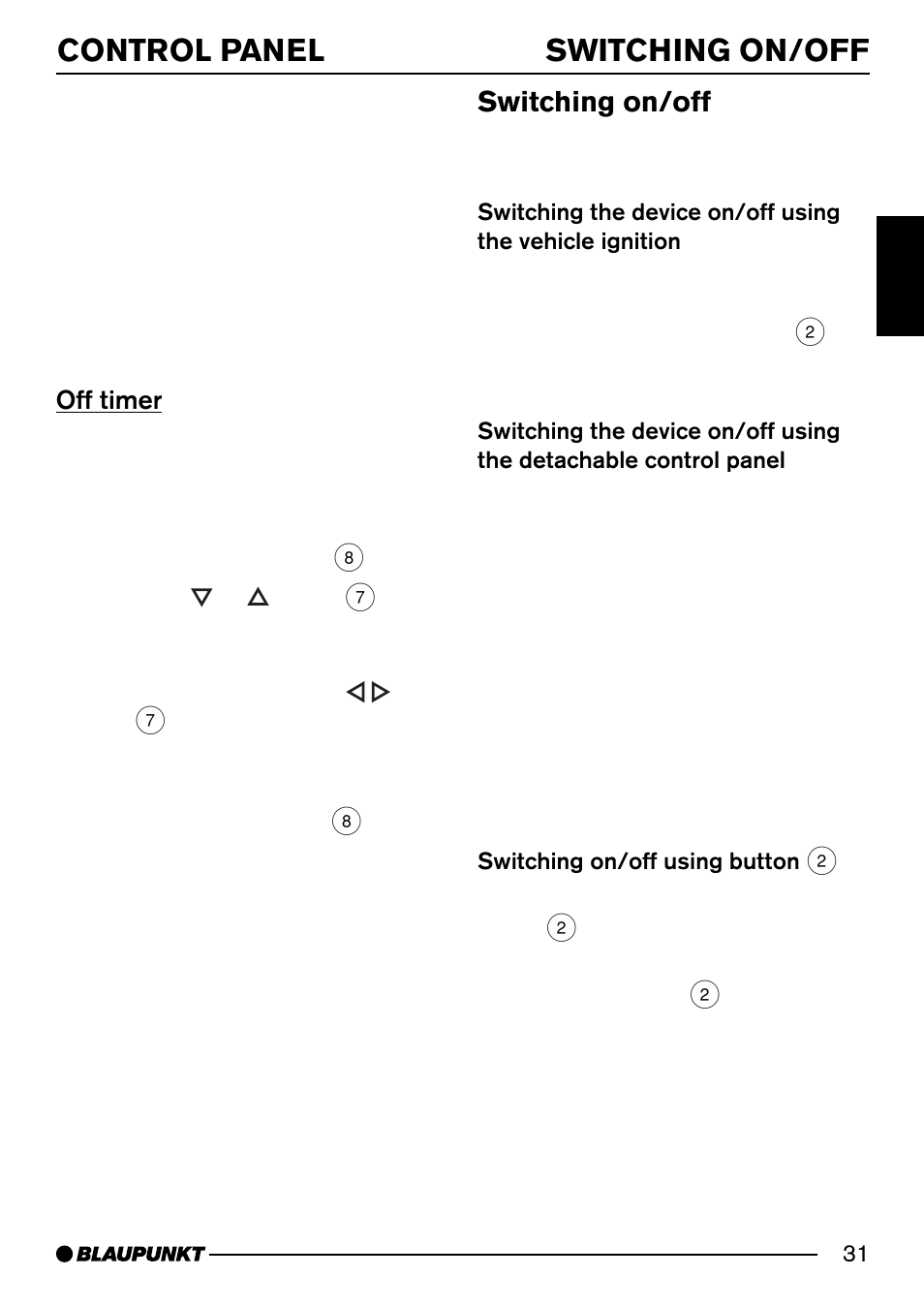 Control panel switching on/off, Switching on/off, Off timer | Blaupunkt PORTO CD34 7 644 176 310 User Manual | Page 8 / 27