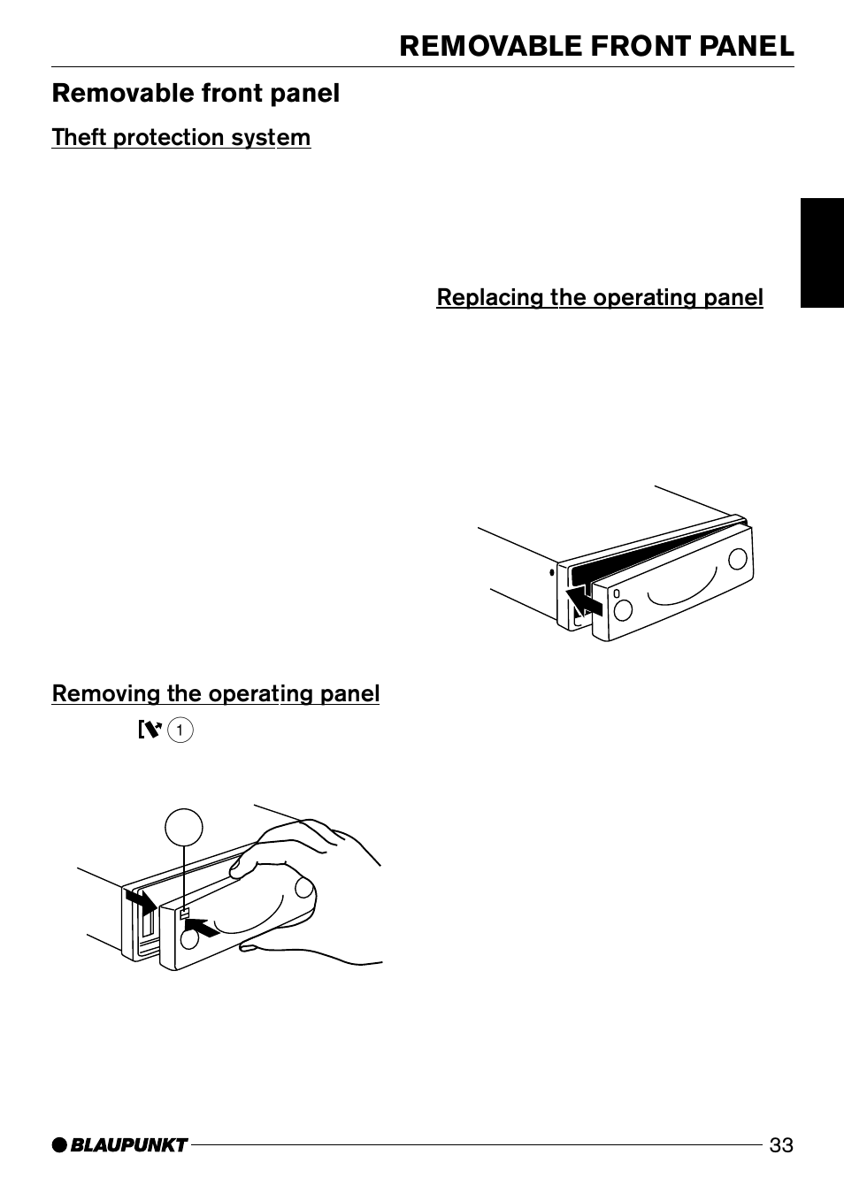 Removable front panel, Theft protection system, Removing the operating panel | Replacing the operating panel | Blaupunkt Casablanca CD50 User Manual | Page 6 / 28