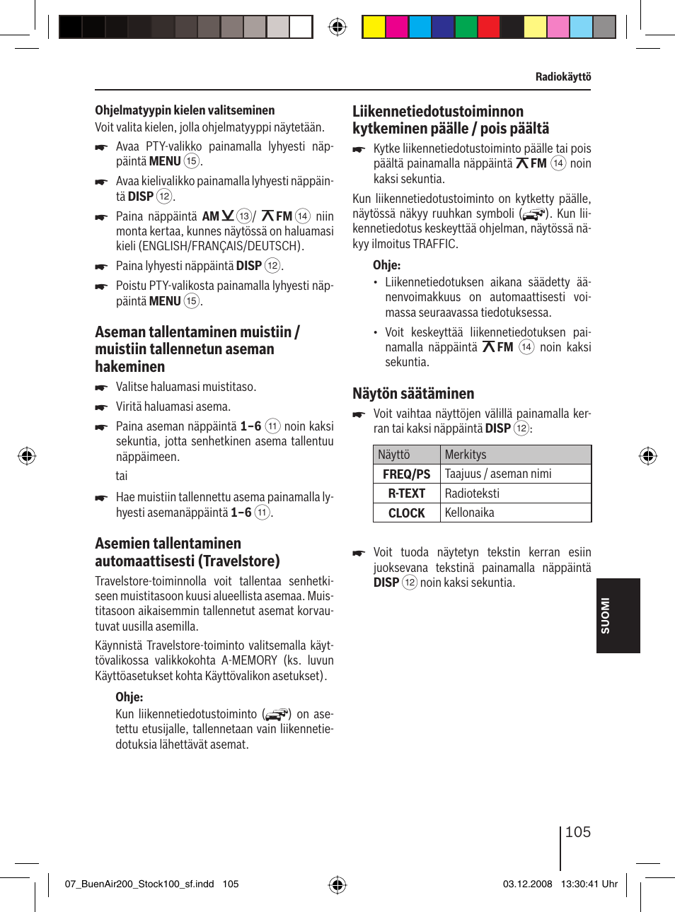 Näytön säätäminen | Blaupunkt BUENOS AIRES 200 7 649 020 110 User Manual | Page 105 / 140