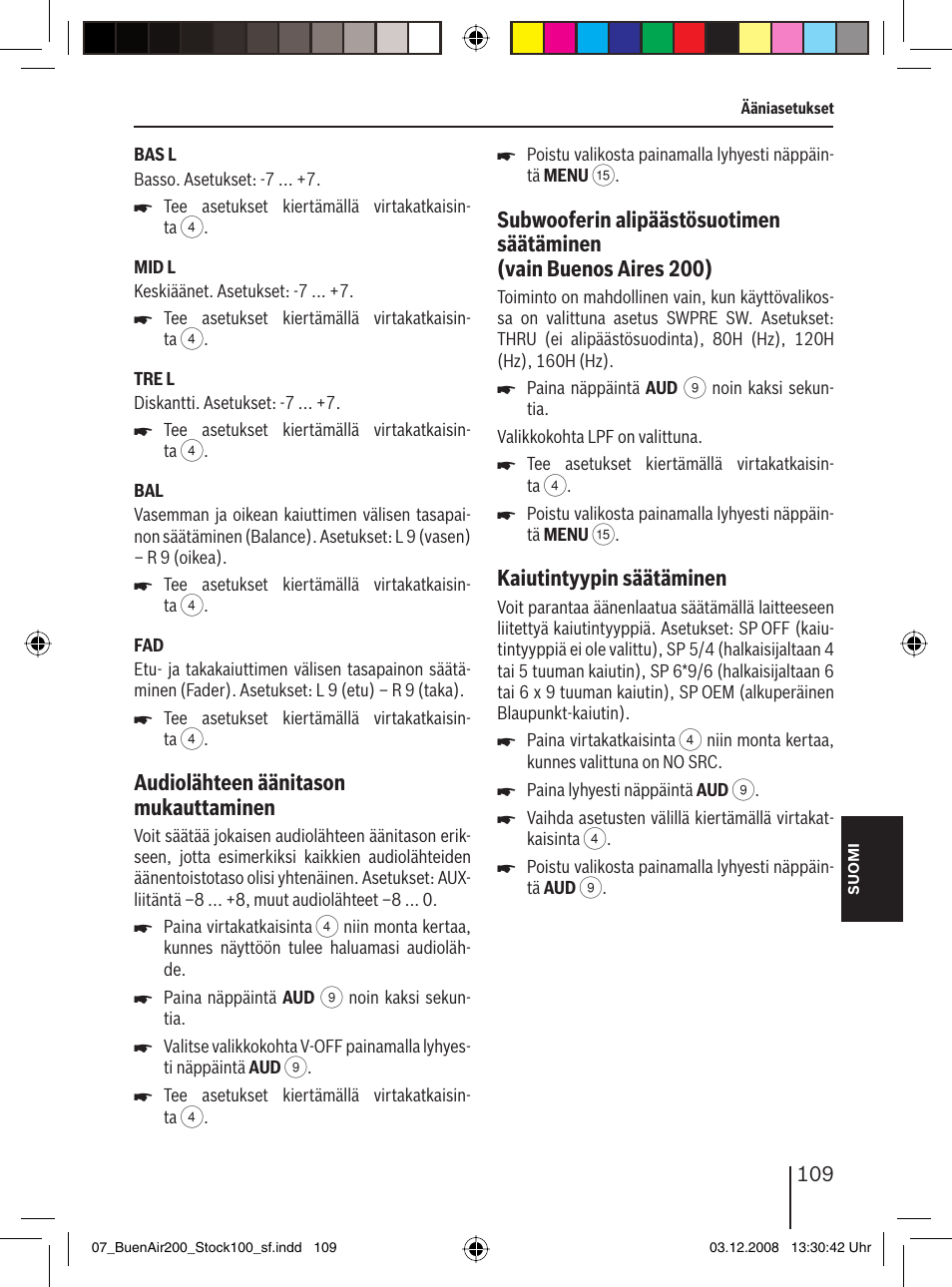 Audiolähteen äänitason mukauttaminen, Kaiutintyypin säätäminen | Blaupunkt BUENOS AIRES 200 7 649 020 110 User Manual | Page 109 / 140