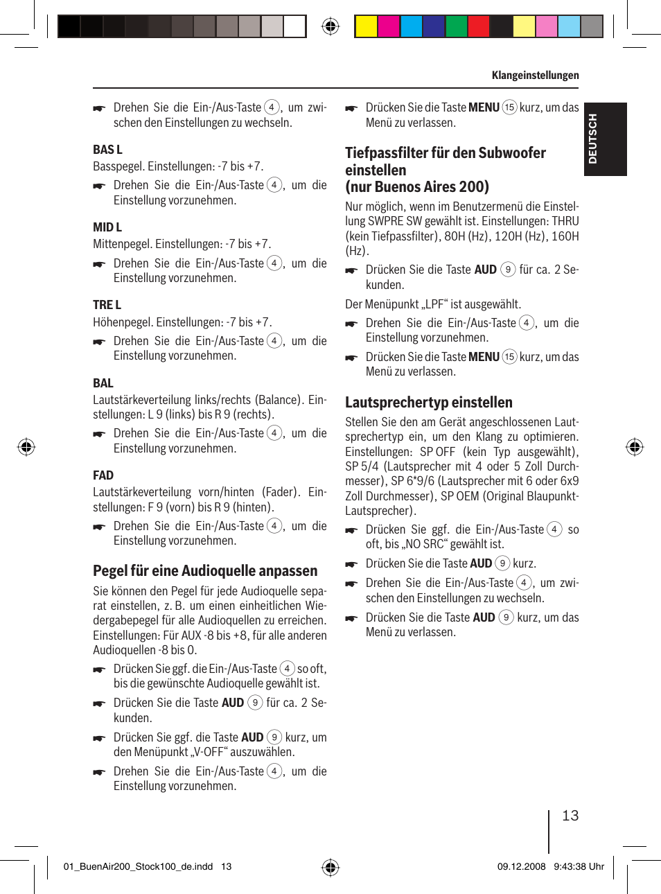 Pegel für eine audioquelle anpassen, Lautsprechertyp einstellen | Blaupunkt BUENOS AIRES 200 7 649 020 110 User Manual | Page 13 / 140