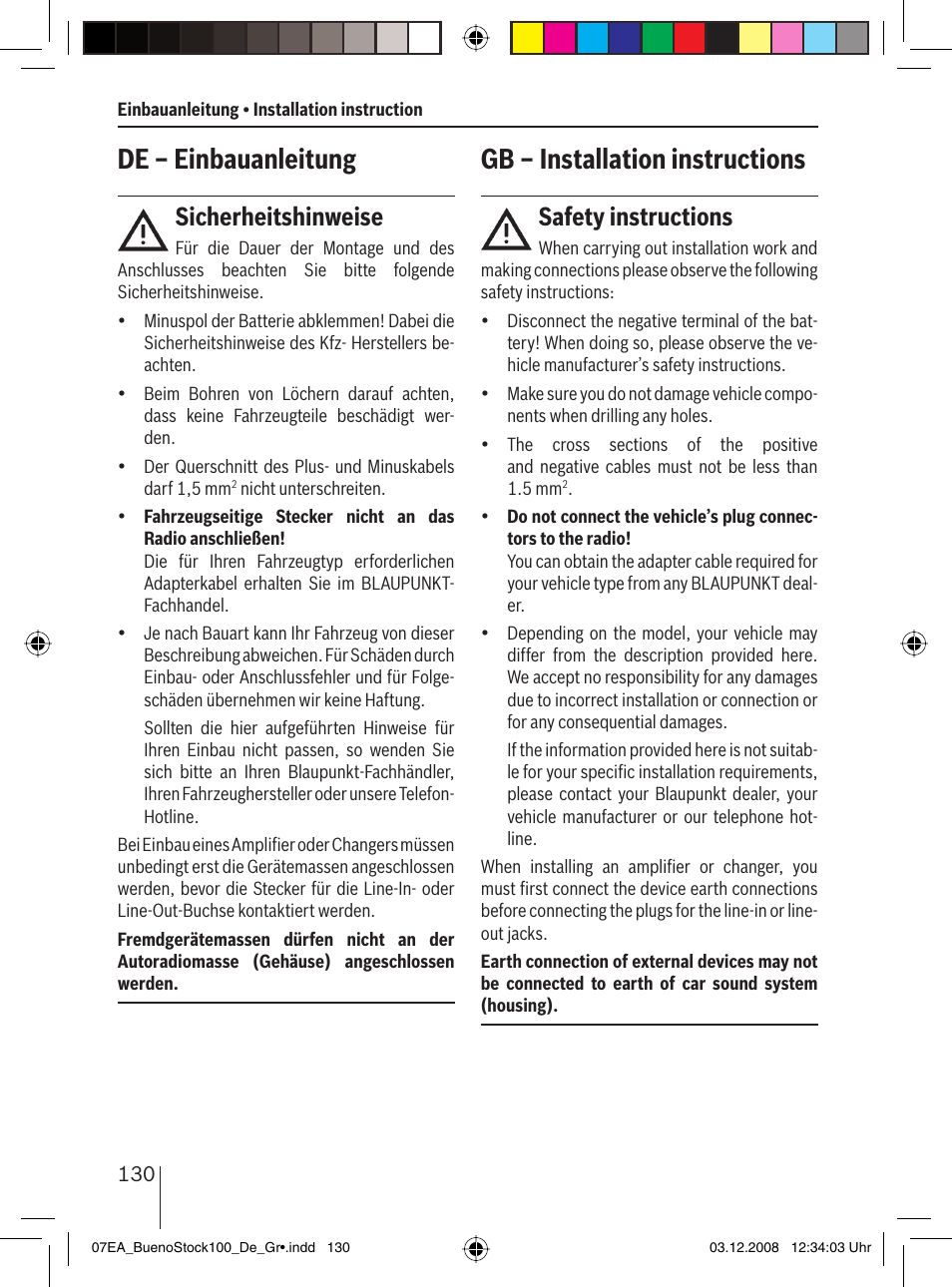 De – einbauanleitung, Gb – installation instructions, Sicherheitshinweise | Safety instructions | Blaupunkt BUENOS AIRES 200 7 649 020 110 User Manual | Page 130 / 140