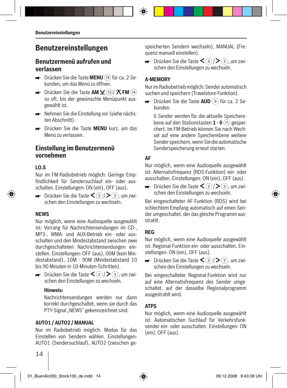Benutzereinstellungen, Benutzermenü aufrufen und verlassen, Einstellung im benutzermenü vornehmen | Blaupunkt BUENOS AIRES 200 7 649 020 110 User Manual | Page 14 / 140