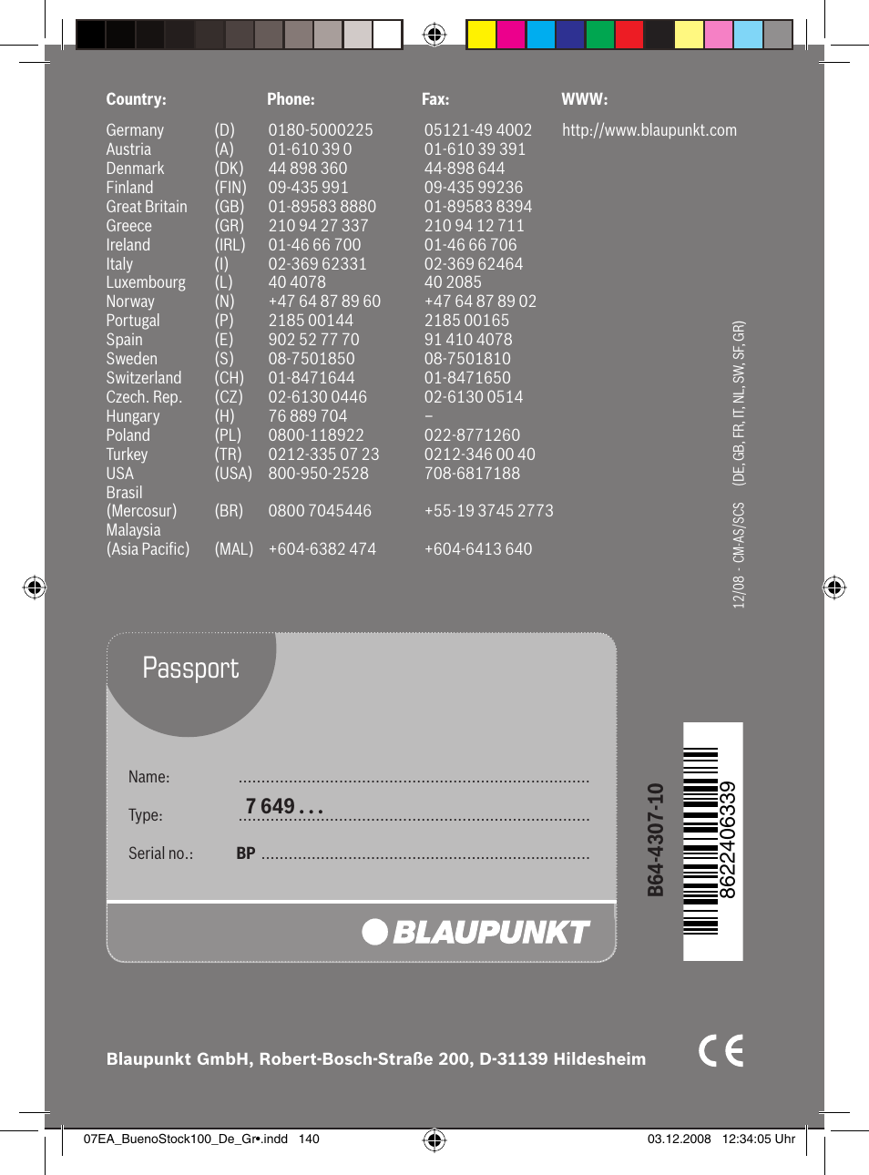 Passport | Blaupunkt BUENOS AIRES 200 7 649 020 110 User Manual | Page 140 / 140