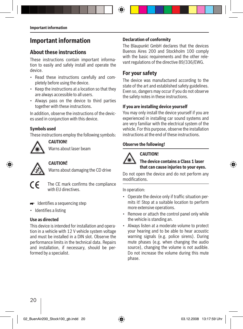 Important information, About these instructions, For your safety | Blaupunkt BUENOS AIRES 200 7 649 020 110 User Manual | Page 20 / 140