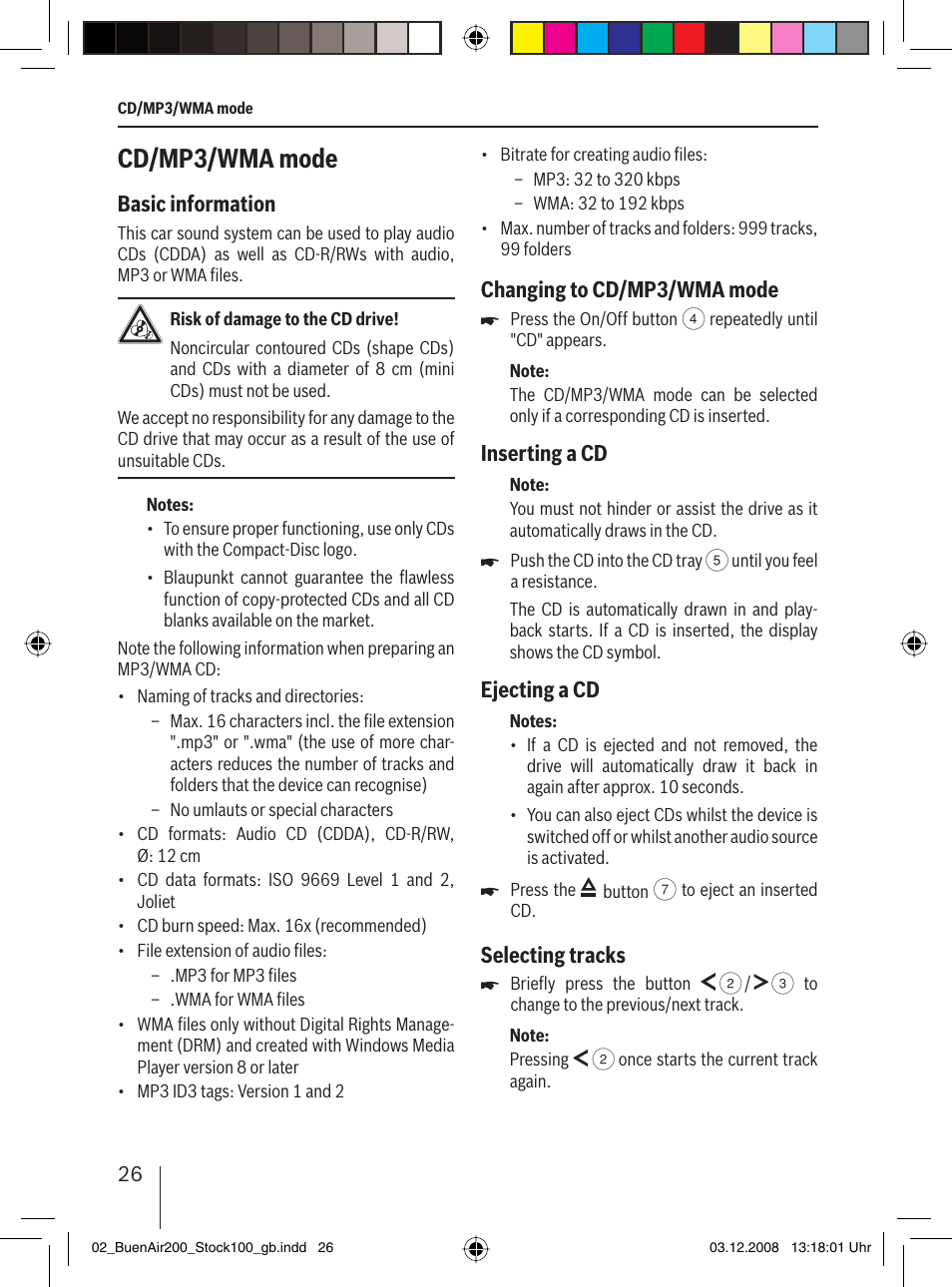 Cd/mp3/wma mode, Basic information, Changing to cd/mp3/wma mode | Inserting a cd, Ejecting a cd, Selecting tracks | Blaupunkt BUENOS AIRES 200 7 649 020 110 User Manual | Page 26 / 140
