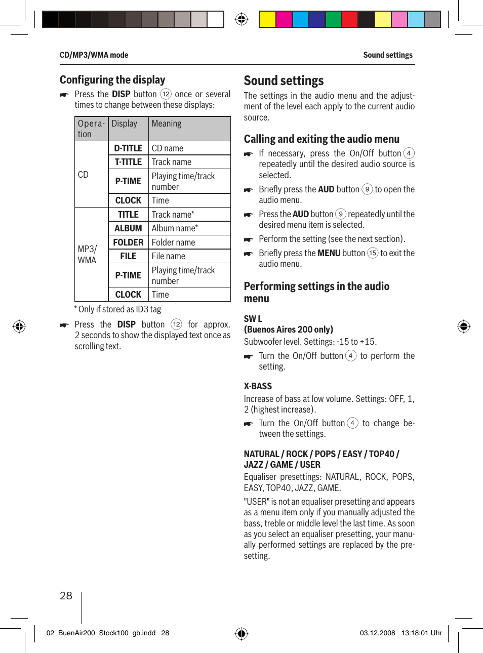 Sound settings, Conﬁ guring the display, Calling and exiting the audio menu | Performing settings in the audio menu | Blaupunkt BUENOS AIRES 200 7 649 020 110 User Manual | Page 28 / 140