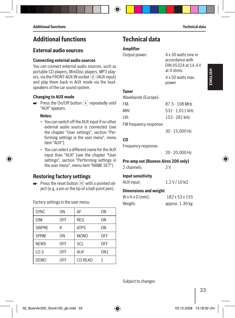 Additional functions, Technical data, External audio sources | Restoring factory settings | Blaupunkt BUENOS AIRES 200 7 649 020 110 User Manual | Page 33 / 140