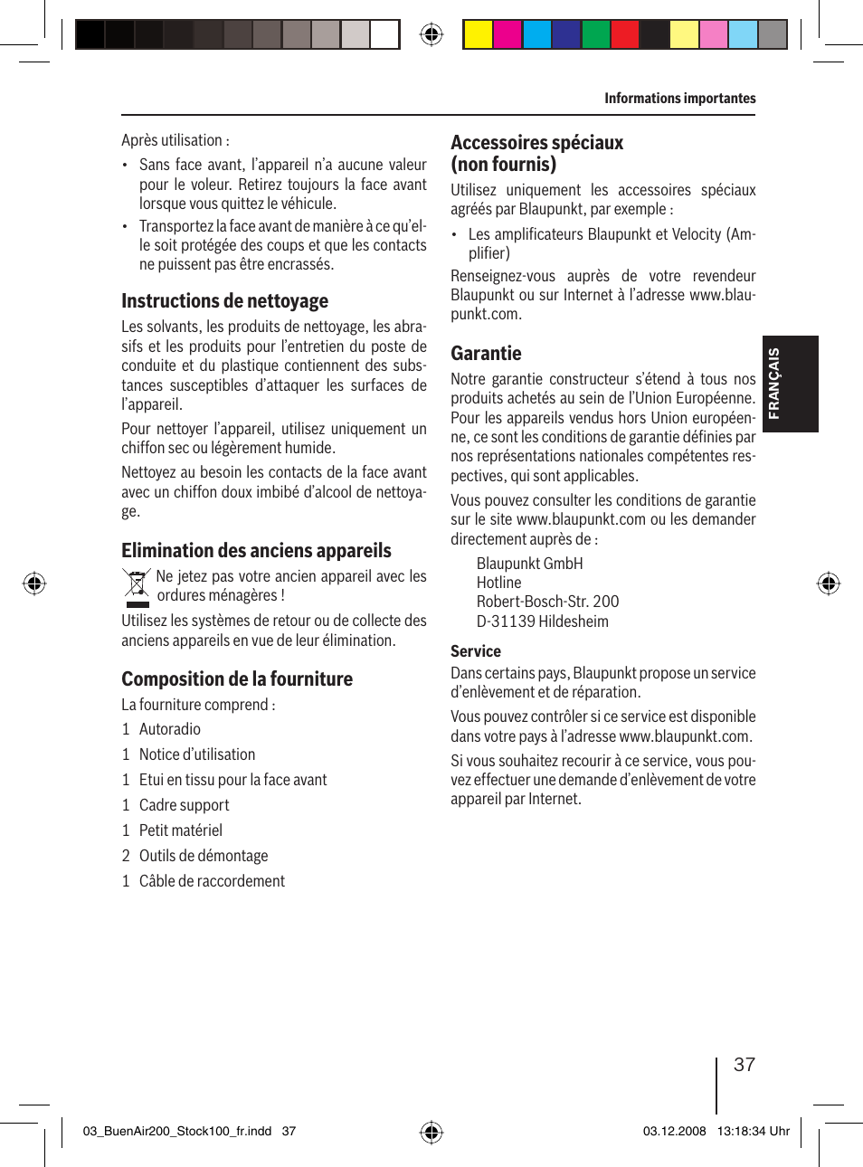 Instructions de nettoyage, Elimination des anciens appareils, Composition de la fourniture | Accessoires spéciaux (non fournis), Garantie | Blaupunkt BUENOS AIRES 200 7 649 020 110 User Manual | Page 37 / 140