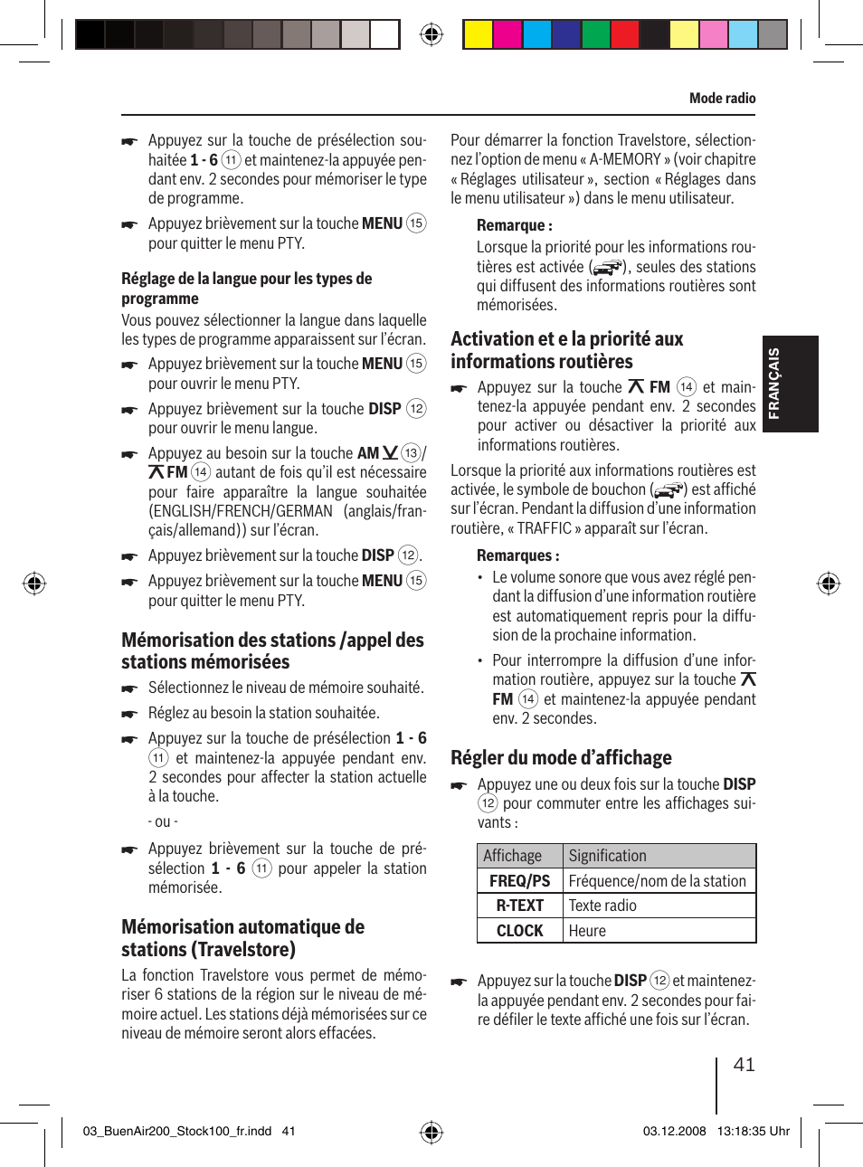 Mémorisation automatique de stations (travelstore), Régler du mode d’afﬁ chage | Blaupunkt BUENOS AIRES 200 7 649 020 110 User Manual | Page 41 / 140