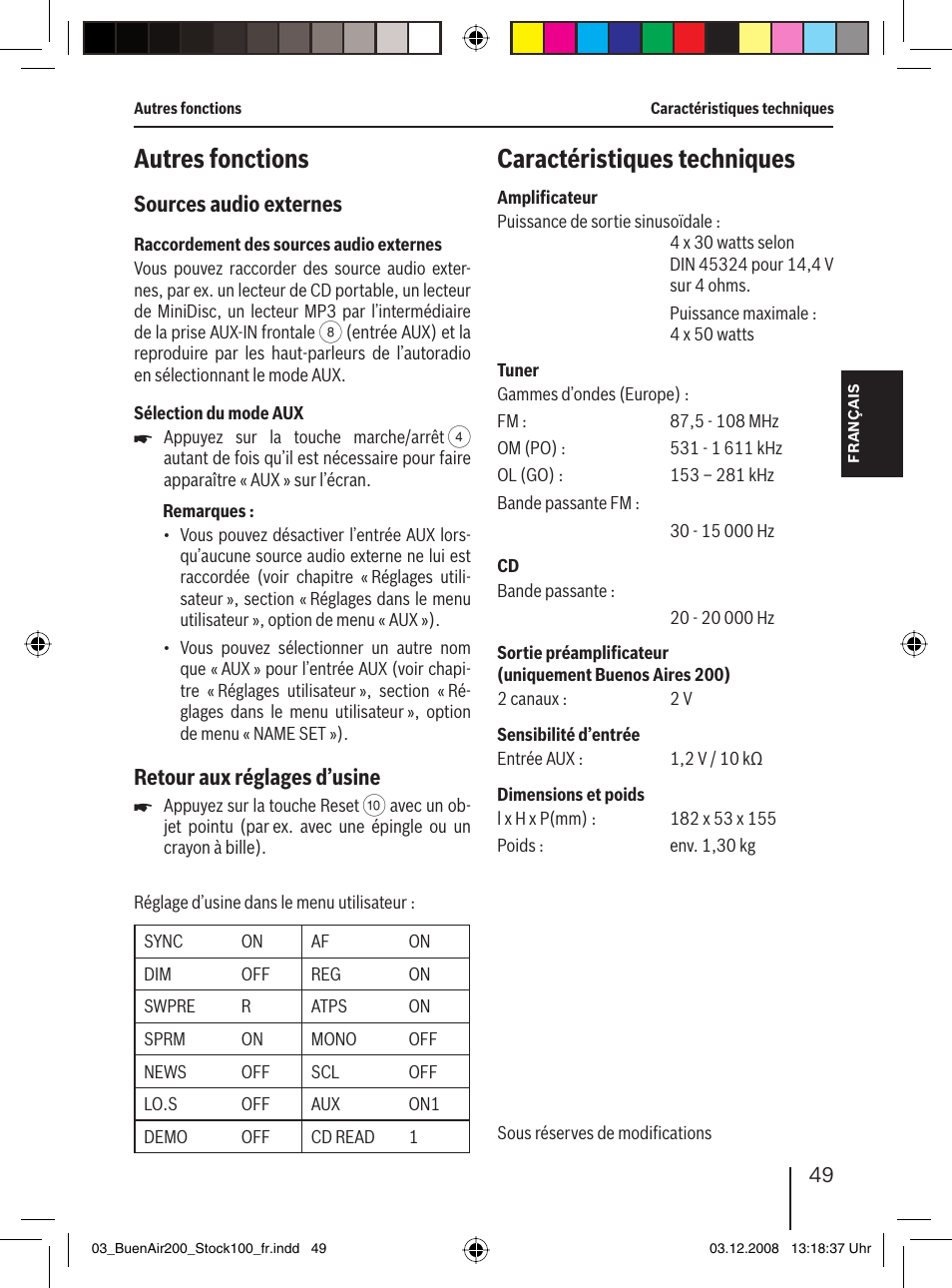 Autres fonctions, Caractéristiques techniques, Sources audio externes | Retour aux réglages d’usine | Blaupunkt BUENOS AIRES 200 7 649 020 110 User Manual | Page 49 / 140