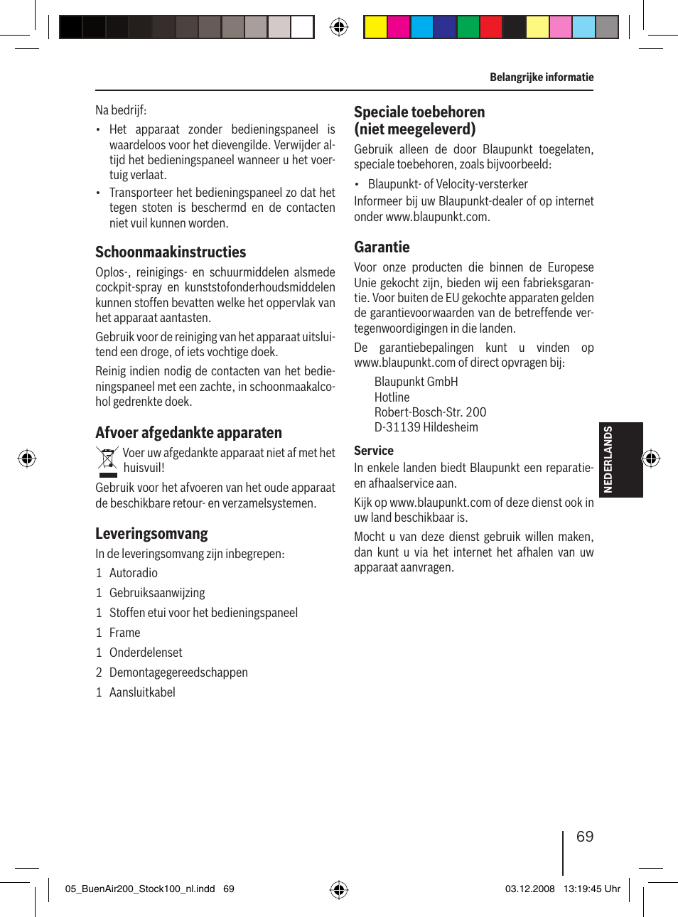 Schoonmaakinstructies, Afvoer afgedankte apparaten, Leveringsomvang | Speciale toebehoren (niet meegeleverd), Garantie | Blaupunkt BUENOS AIRES 200 7 649 020 110 User Manual | Page 69 / 140